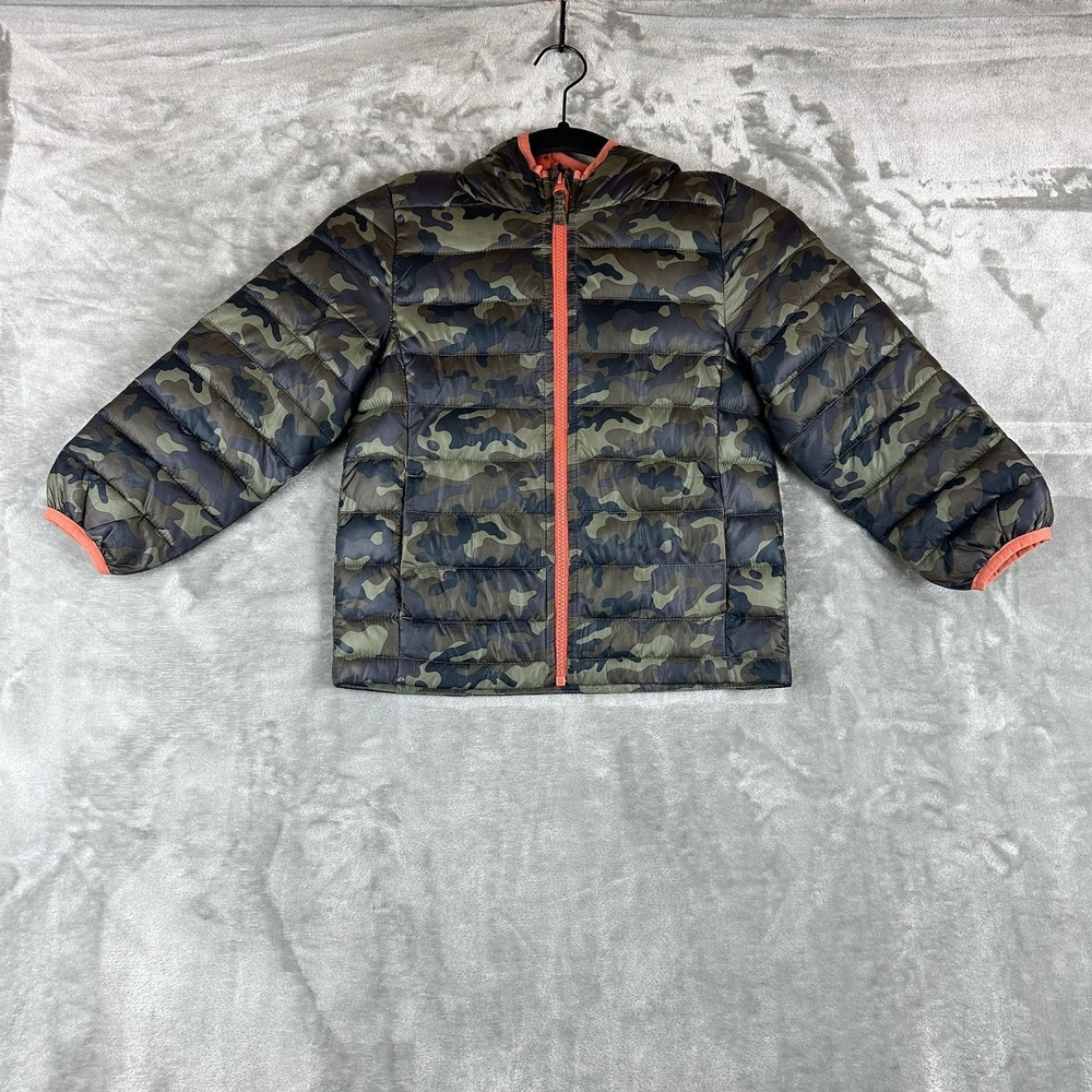 Jumping Beans Puffer Jacket Boys 5T Green Camouflage Print Orange Lining Zipper